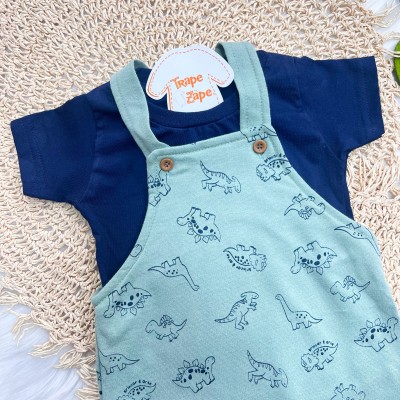 Conj. Camiseta e Jardineira em Moletinho Dinos - Verde e Marinho